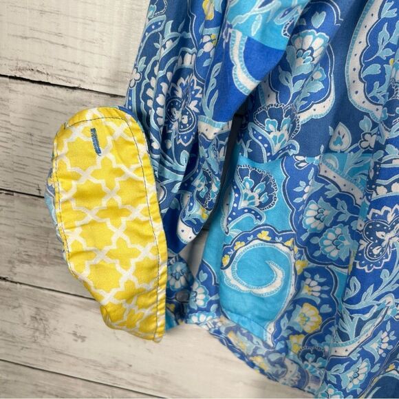 Ruby Rd. Wrinkle Resistant Turquoise Yellow Cotton Button Front Blouse 18 - Picture 5 of 7